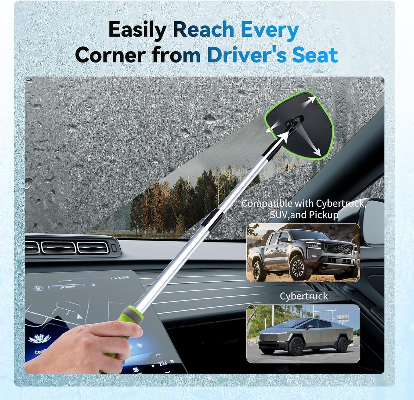 XINDELL Windshield Cleaner Tool – 360° Rotating Head with Extendable Handle, Velcro Microfiber Pads for Fast Stick & Peel, Dry/Wet Glass Cleaning for Cars, SUVs, Trucks & Home