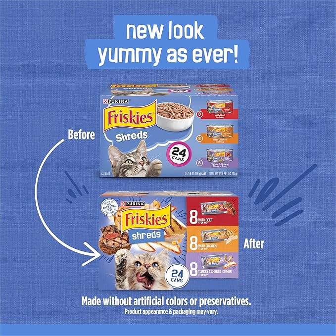 Purina Friskies Gravy Wet Cat Food Variety Pack, Shreds With Beef, With Chicken, and Turkey and Cheese Dinner - (Pack of 24) 5.5 oz. Cans
