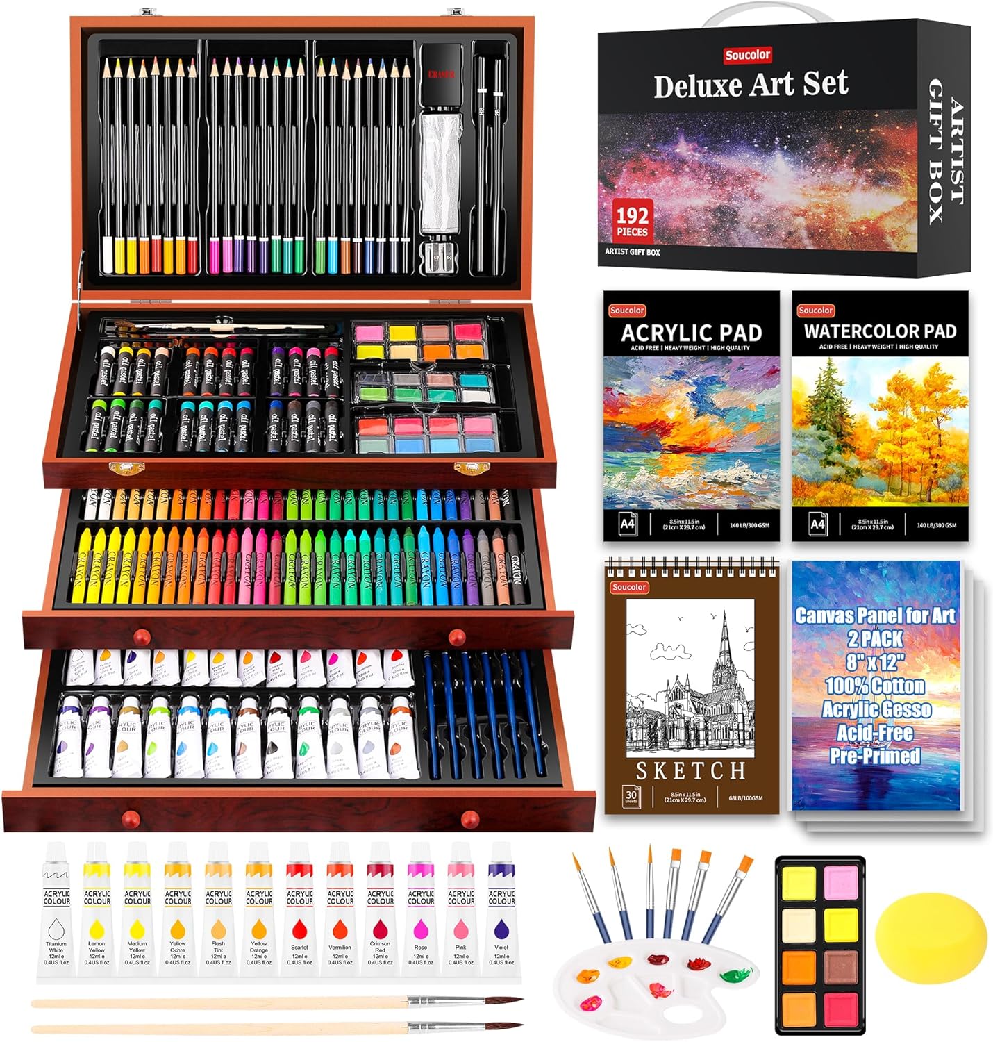 Soucolor Art Supplies, 192-Pack Deluxe Art Set Drawing Painting Supplies Kit with Acrylic Pad, Watercolor Pad, Sketch Book, Canvases, Acrylic Paint, Crayons, Pencils, Gifts for Artist Adults Teen Kids