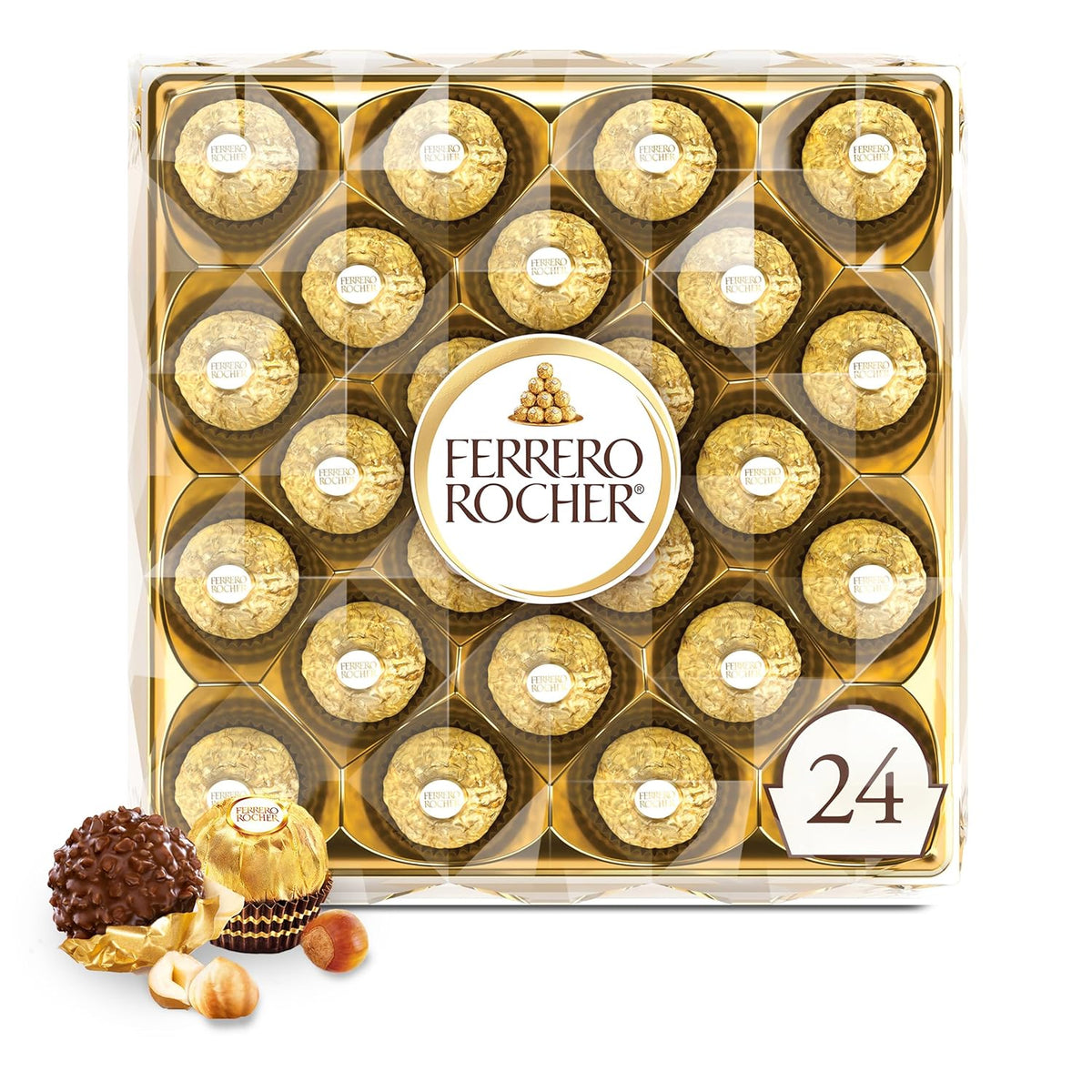 Ferrero Rocher Gourmet Hazelnut Milk Chocolate Valentine's Day Gift Box, 24 Individually Wrapped Chocolates for Gifting, 10.6 oz