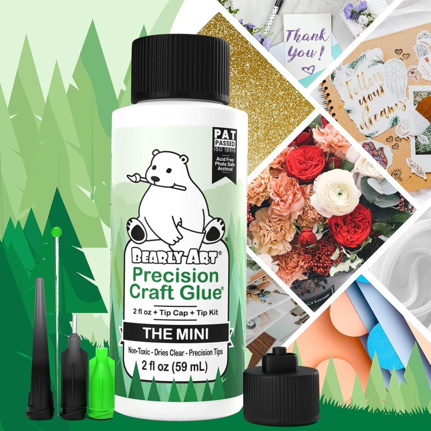 Bearly Art Precision Craft Glue - The Mini - 2fl oz with Tip Kit - Acid Free Archival - Strong Hold Adhesive - Ideal for Fine Paper Crafting Scrapbooking and Card Making - Made in USA