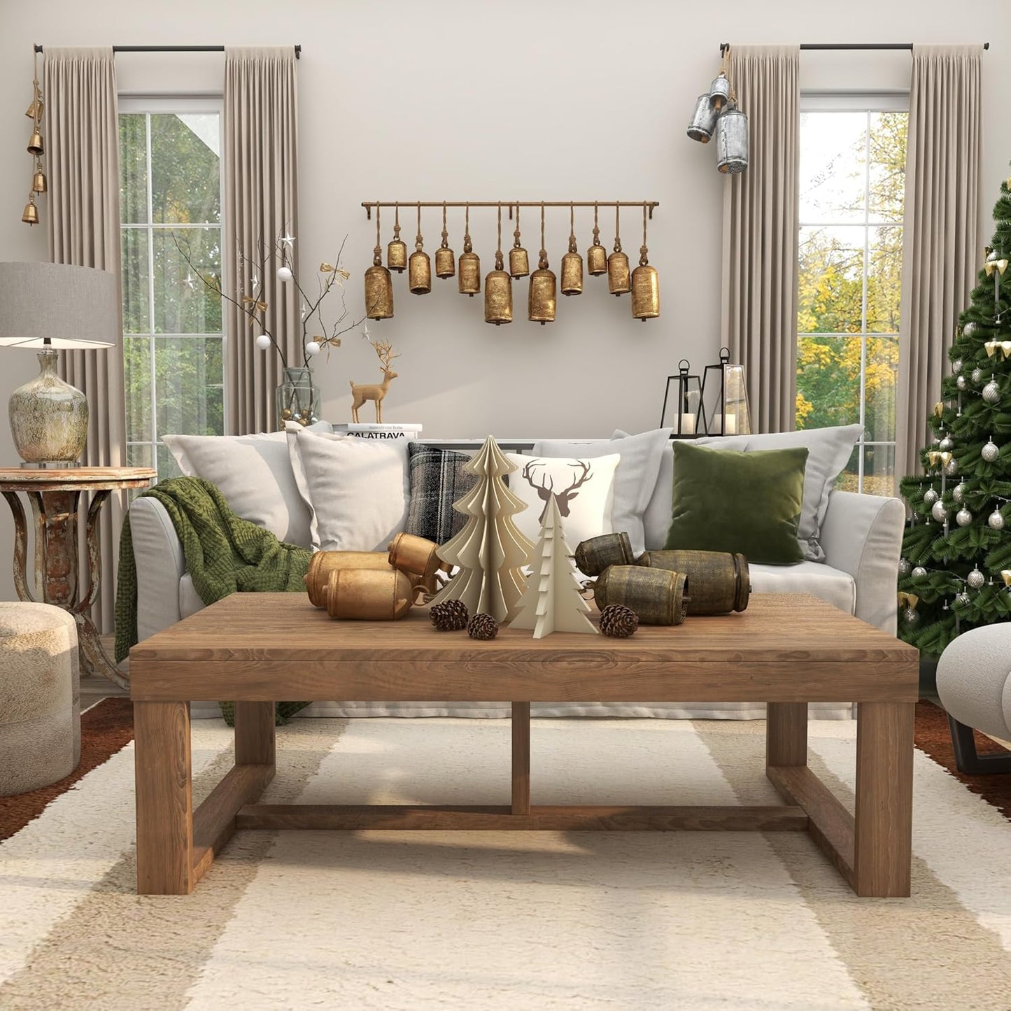 Deco 79 Metal Handmade Tibetan Inspired Decorative Cow Bells with 4 Bells on Jute Hanging Rope, 4" x 3" x 29", Gold