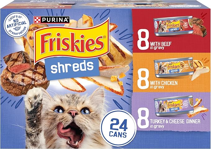 Purina Friskies Gravy Wet Cat Food Variety Pack, Shreds With Beef, With Chicken, and Turkey and Cheese Dinner - (Pack of 24) 5.5 oz. Cans