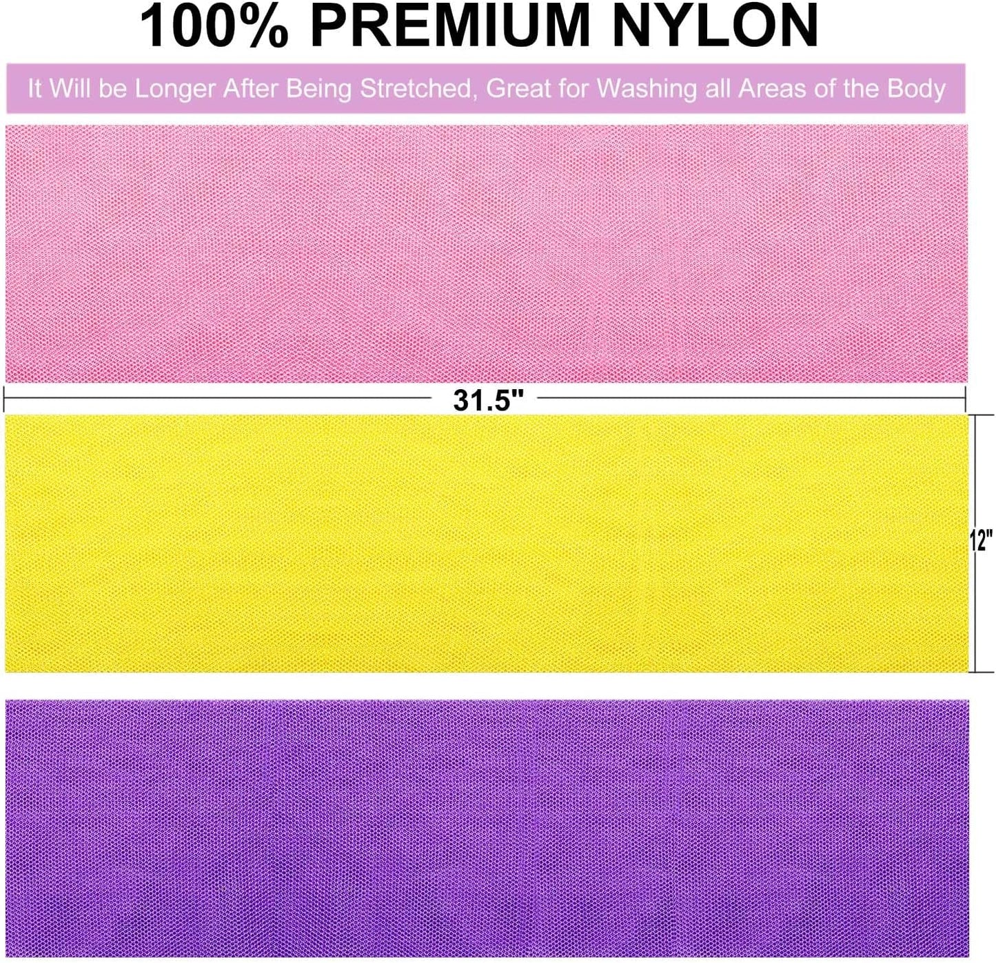 3 Pieces African Net Bath Sponge African Exfoliating African Scrubbing Long Net Rag African Wash Net Shower Body Scrubber, Yellow Pink Purple