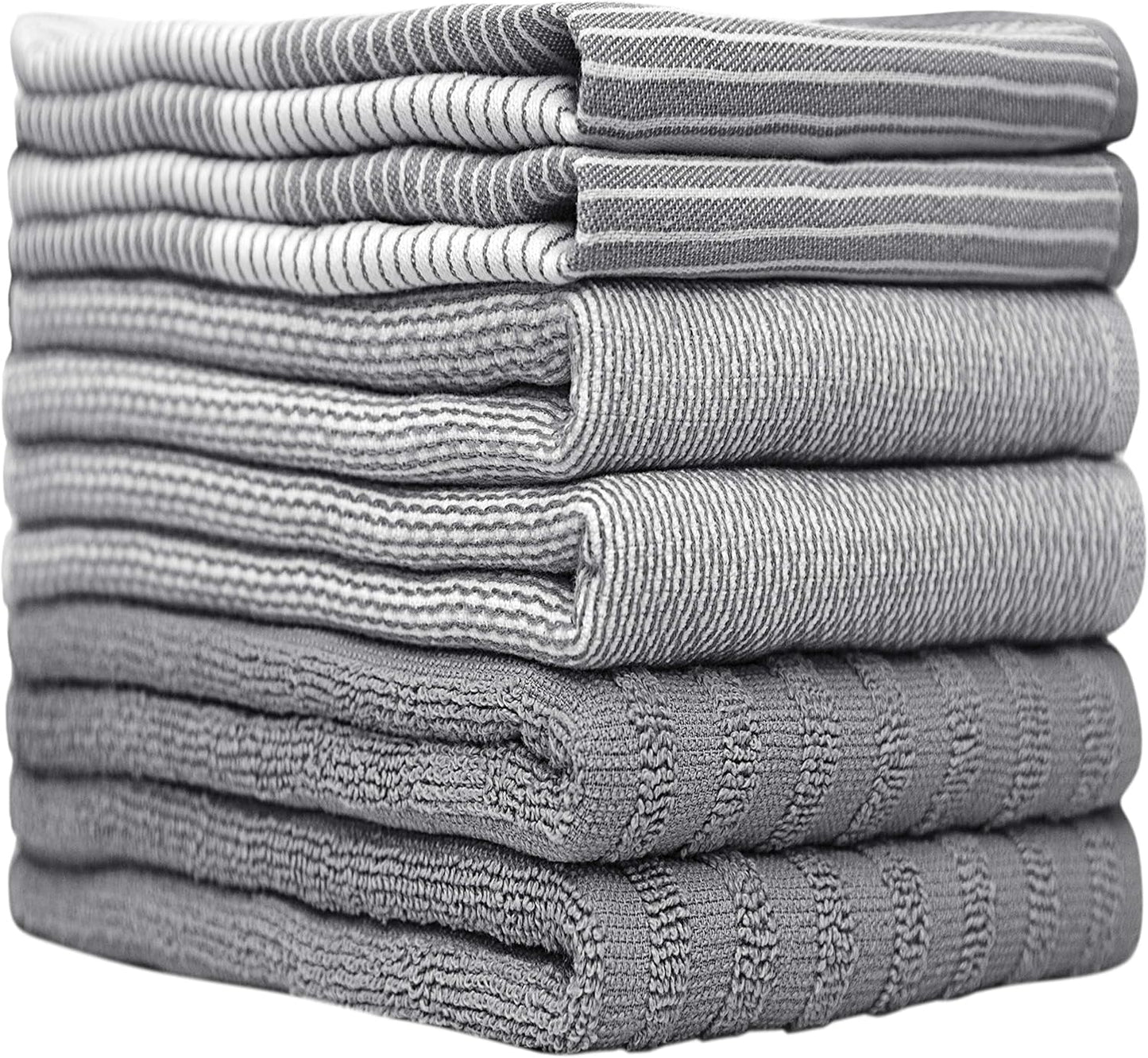 Premium Kitchen Towels (20”x 28”, 6 Pack) | Large Cotton Kitchen Hand Towel | Flat & Terry Dish Cloths | Highly Absorbent Tea Towels Set with Hanging Loop | Gray