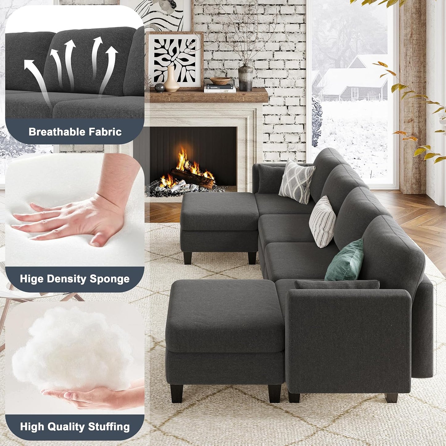 Modular Sectional Sofa, Convertible U Shaped Sofa Couch with High Density Memory Foam, 6 Seat Comfy Modular Sofa Couch for Living Room, Modern U Shaped Sectional Sofa, Dimgrey