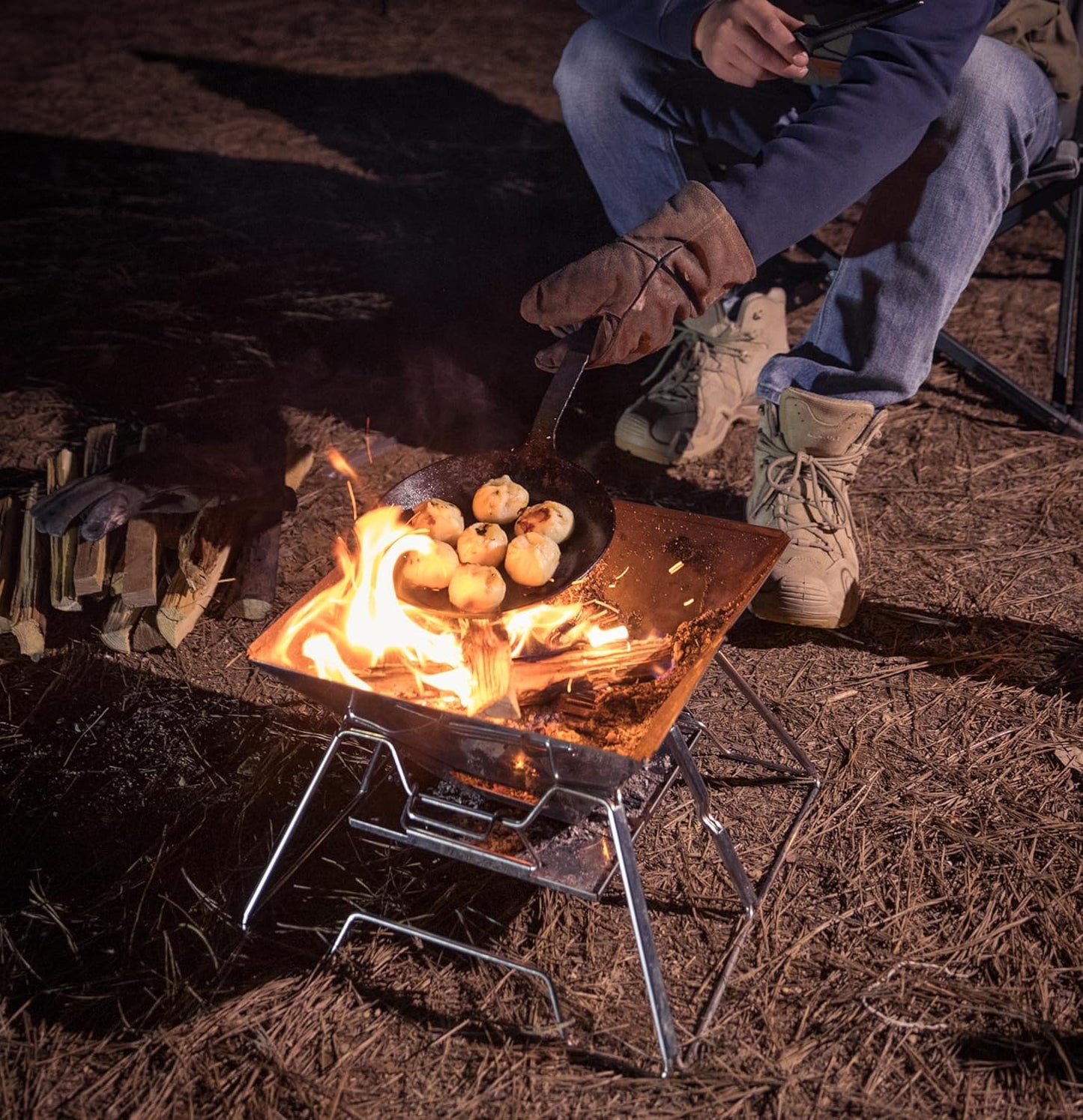 CAMPINGMOON Stainless Steel Foldable Camping Grills Portable Wood Burning Charcoal Grill 14-inch with Carrying Bag MT-2