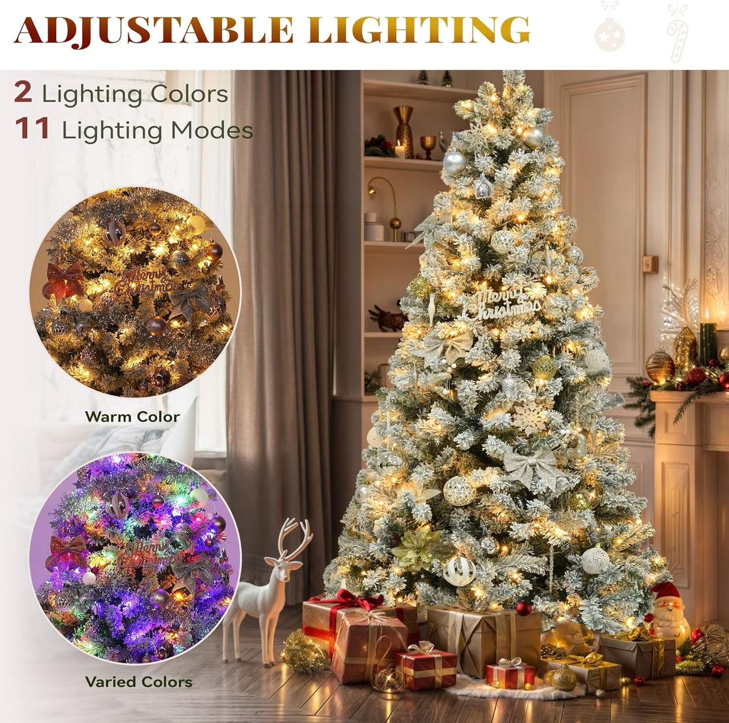 YITAHOME Prelit Snow Flocked Artificial Full Christmas Tree 6ft with Remote Control, Christmas Pine Tree with 11 Light-Modes, 1000 Branch Tips, and Foldable Base for Home, Party Decoration