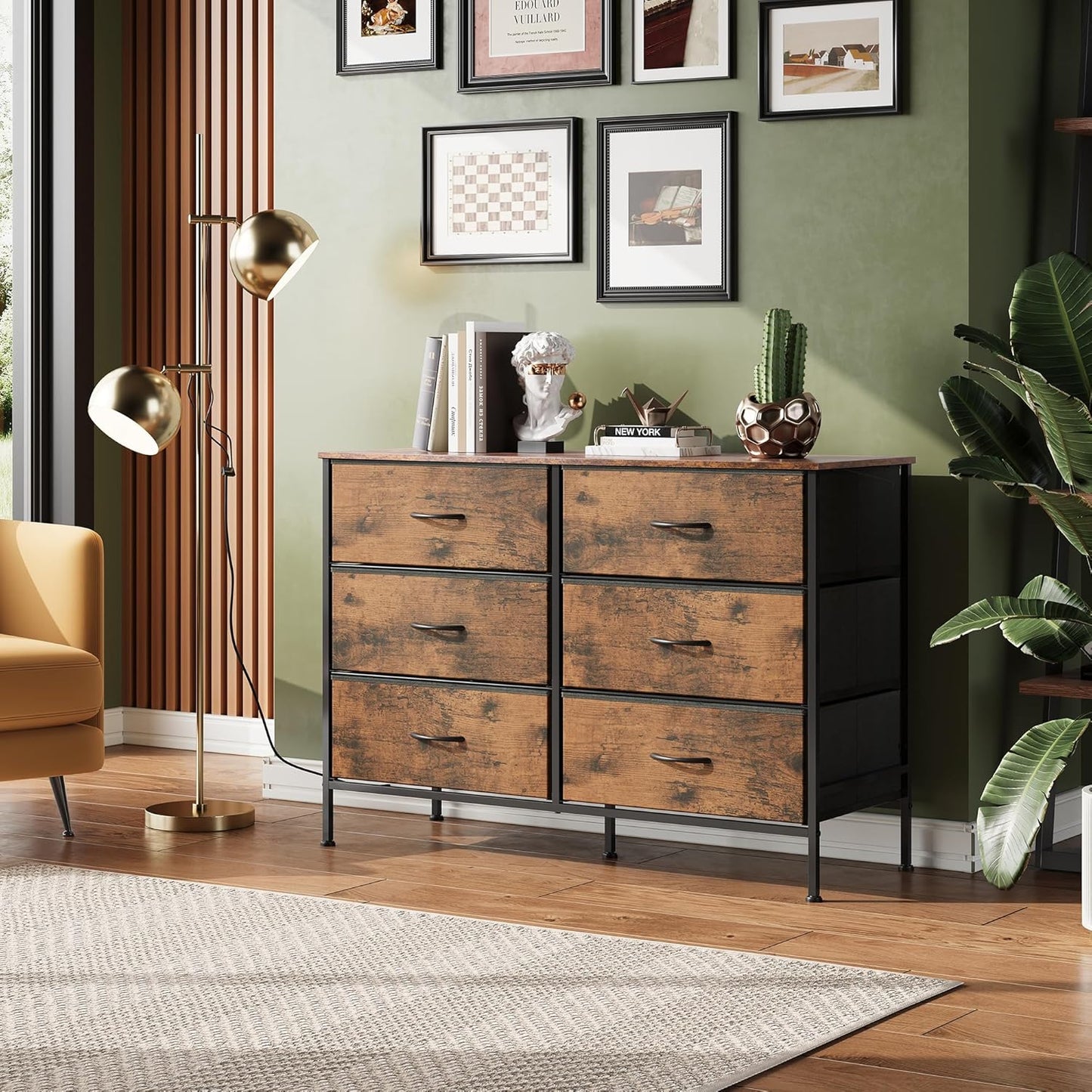 WLIVE Dresser for Bedroom with 6 Drawers, Wide Fabric Dresser TV Stand for 50 Inches TV, with Metal Frame, Wooden Top, Fabric Storage Dressers for Bedroom, Hallway, Entryway, Rustic Brown