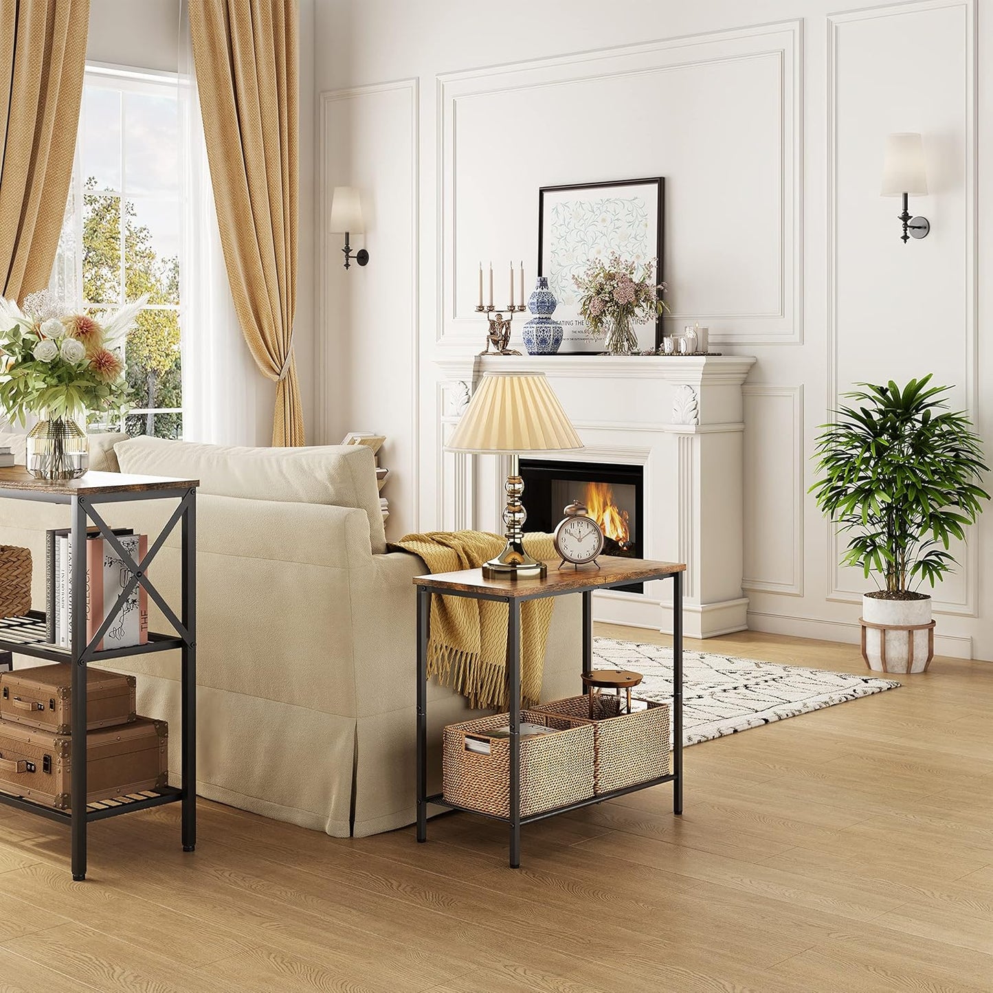 Hoctieon 2 Tier End Table, Sofa Side Table, Narrow Side Table with Storage, Slim Nightstand for Small Spaces, Metal Frame, for Living Room, Bedroom, Sofa Couch, Hall, Rustic Brown