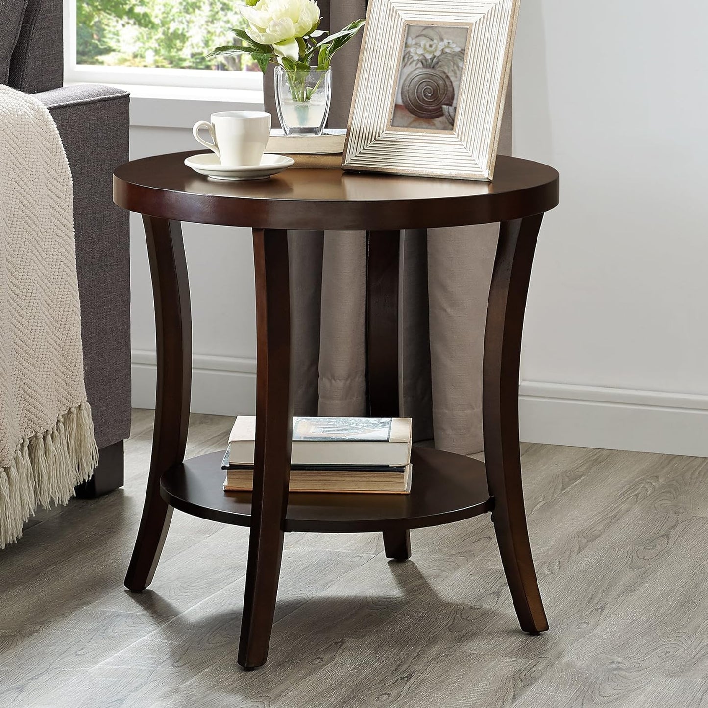 Roundhill Furniture Perth Contemporary Round End Table with Shelf, Espresso