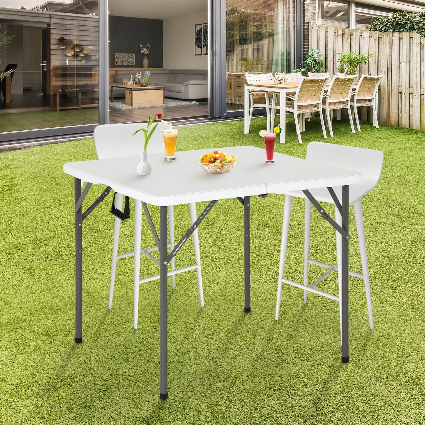 FDW 34" Folding Card Table Plastic Table Portable Square Height Dining Table Perfect for Party and Parties Backyard Events, White