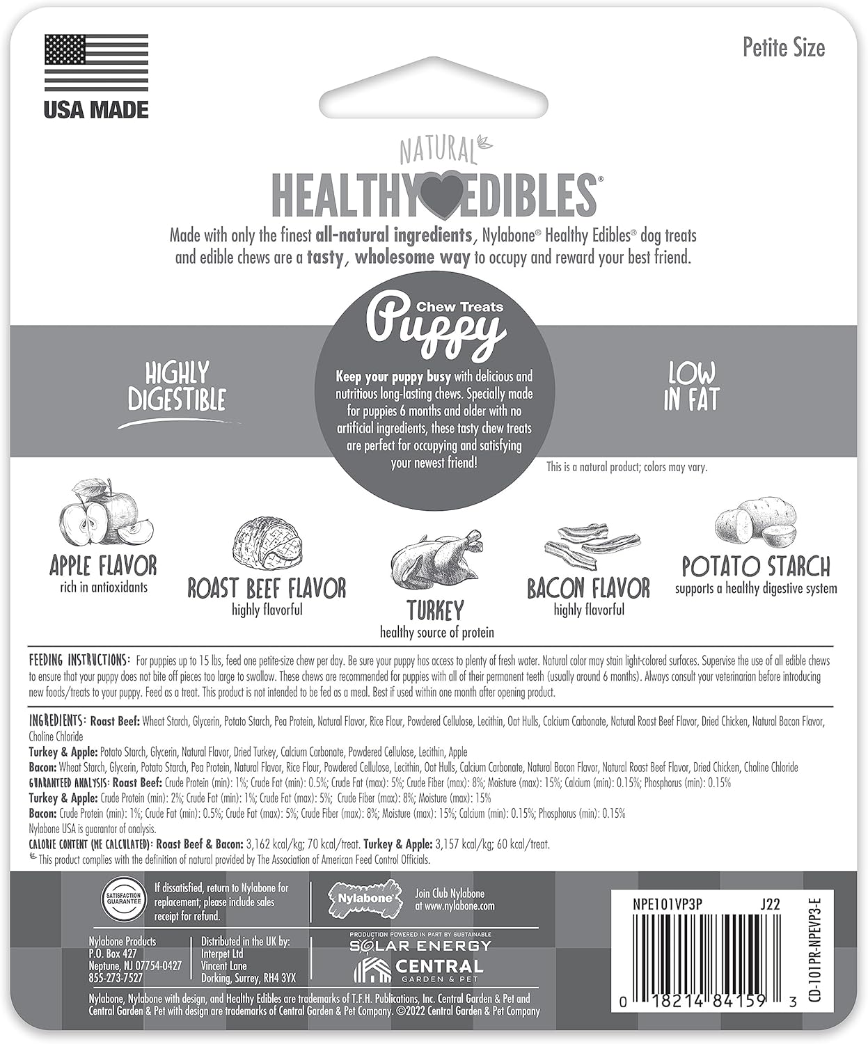 Nylabone Healthy Edibles Natural Puppy Chews Long Lasting Treats for Puppies, Roast Beef, Apple & Bacon Flavor, X-Small/Petite (3 Count)