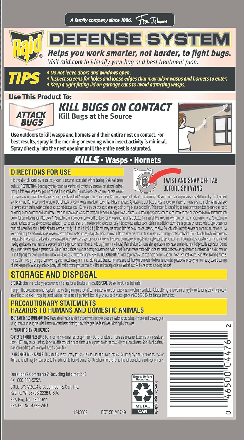 Raid Max Foaming Wasp & Hornet Killer, Fast Coverage Foam, Bug Killer Kills The Entire Nest, 16.5 oz