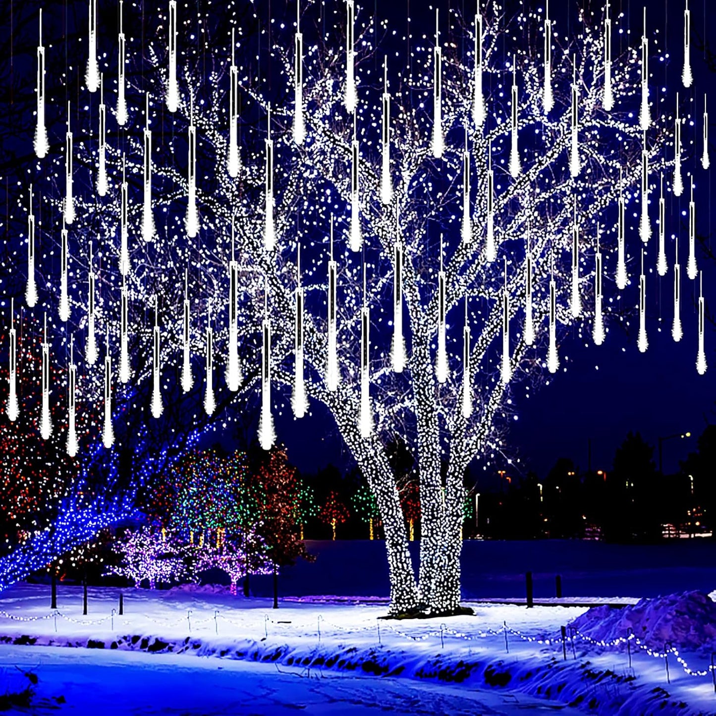 Kwaiffeo Christmas Lights Outdoor, 8 Tubes Meteor Shower Lights LED Snow Falling Icicle Cascading Light for Xmas Tree Wedding Decoration Party, UL Plug, White