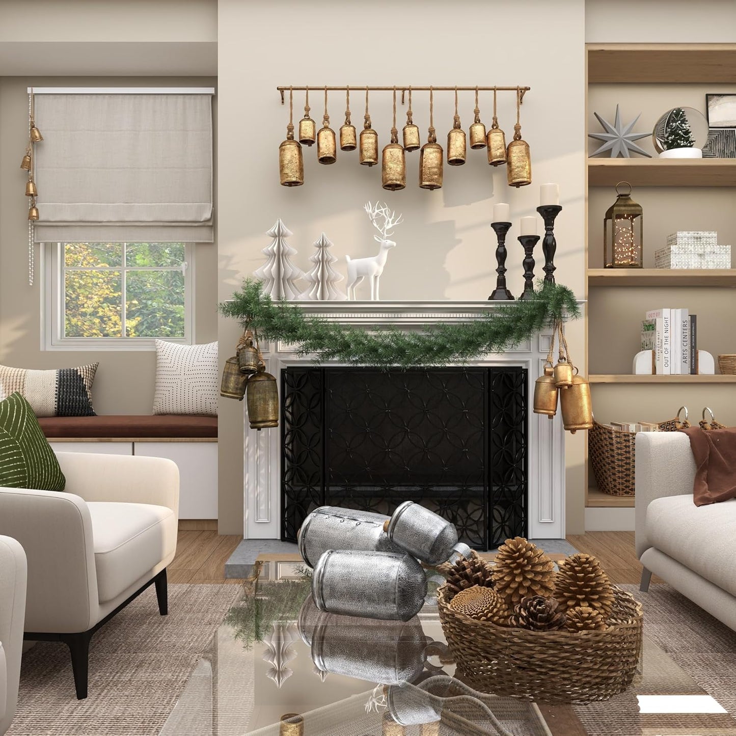 Deco 79 Metal Handmade Tibetan Inspired Decorative Cow Bells with 4 Bells on Jute Hanging Rope, 4" x 3" x 29", Gold