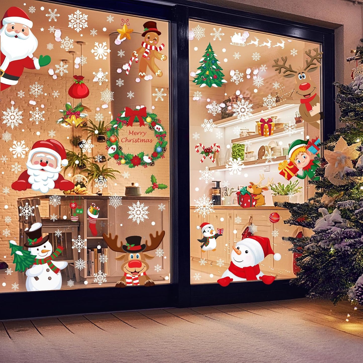 186PCS Christmas Decor, Christmas Window Clings, 9 Sheets Snowflake Window Stickers Decals with Santa Claus Snowman Reindeer, PVC Xmas Decorations Clings for Holiday Party Decorations Accessories
