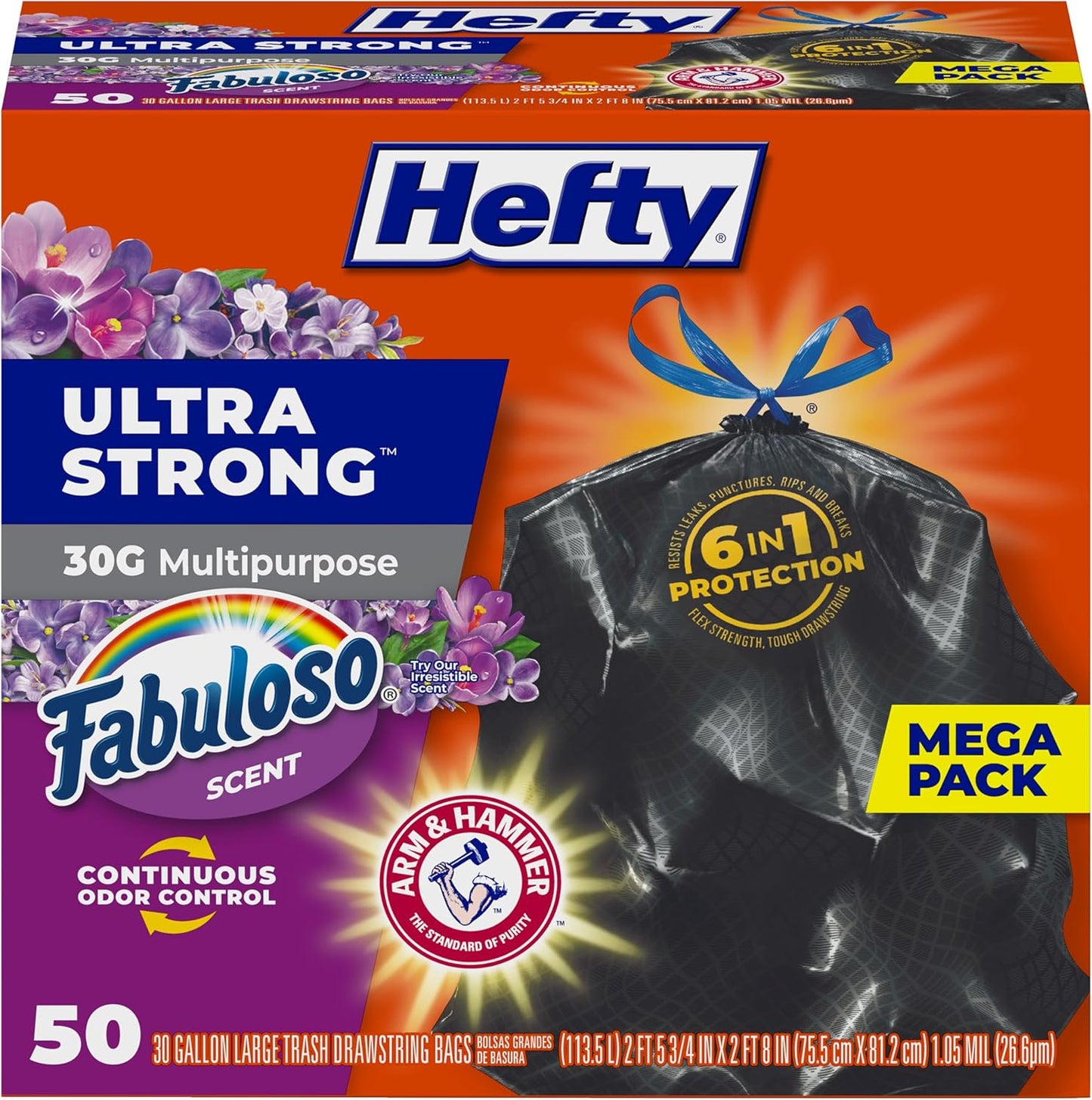 Hefty Ultra Strong 30 Gallon Trash Bags, Large Trash Bags 30 Gallon Size, Multipurpose, Break Resistant Drawstring Closure, Resists Leaks, Punctures, and Tears, Black, Fabuloso Scent, 50 Bags