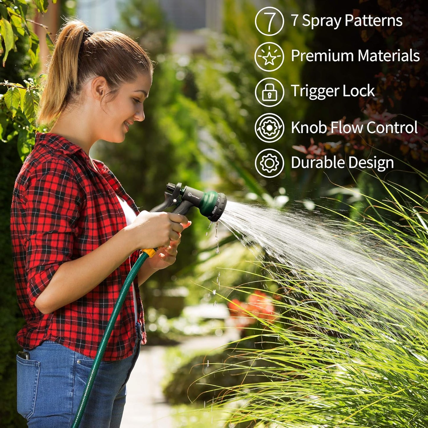 ABS Garden Hose Nozzle with 7 Spray Patterns, Slip-Resistant for All Uses
