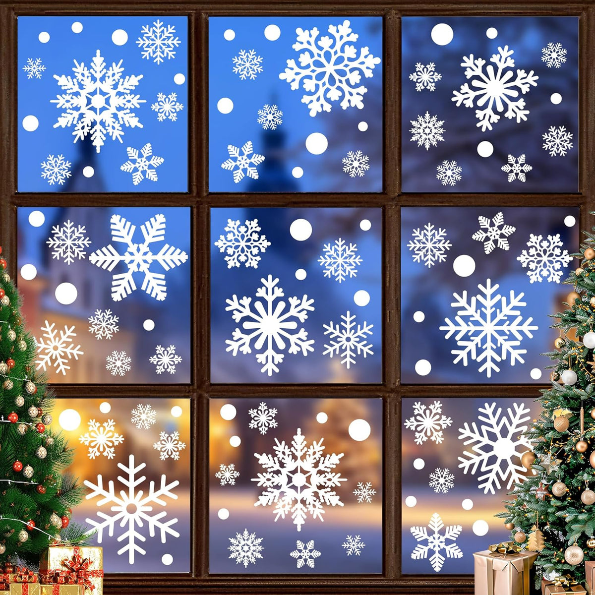 116PCS Christmas Decorations, 9 Sheets Christmas Window Clings, Snowflake Window Clings Decals, Double Sided Xmas Snowflake Decal Stickers for Winter Holiday Home Indoor Decorations Decor Supplies