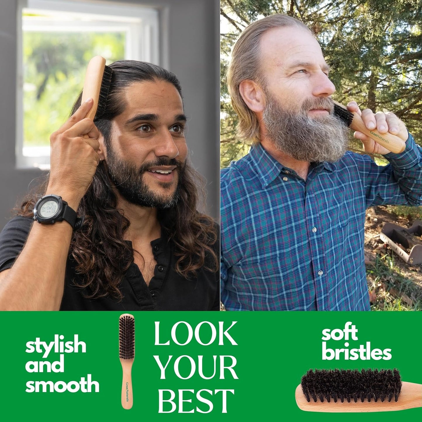 GranNaturals Boar Bristle Slick Back Hair Brush - Soft/Medium Smoothing Hairbrush to Style, Polish, & Lay Hair Down Flat to Create a Sleek Frizz Free Hairstyle for Women and Men - Wooden Handle