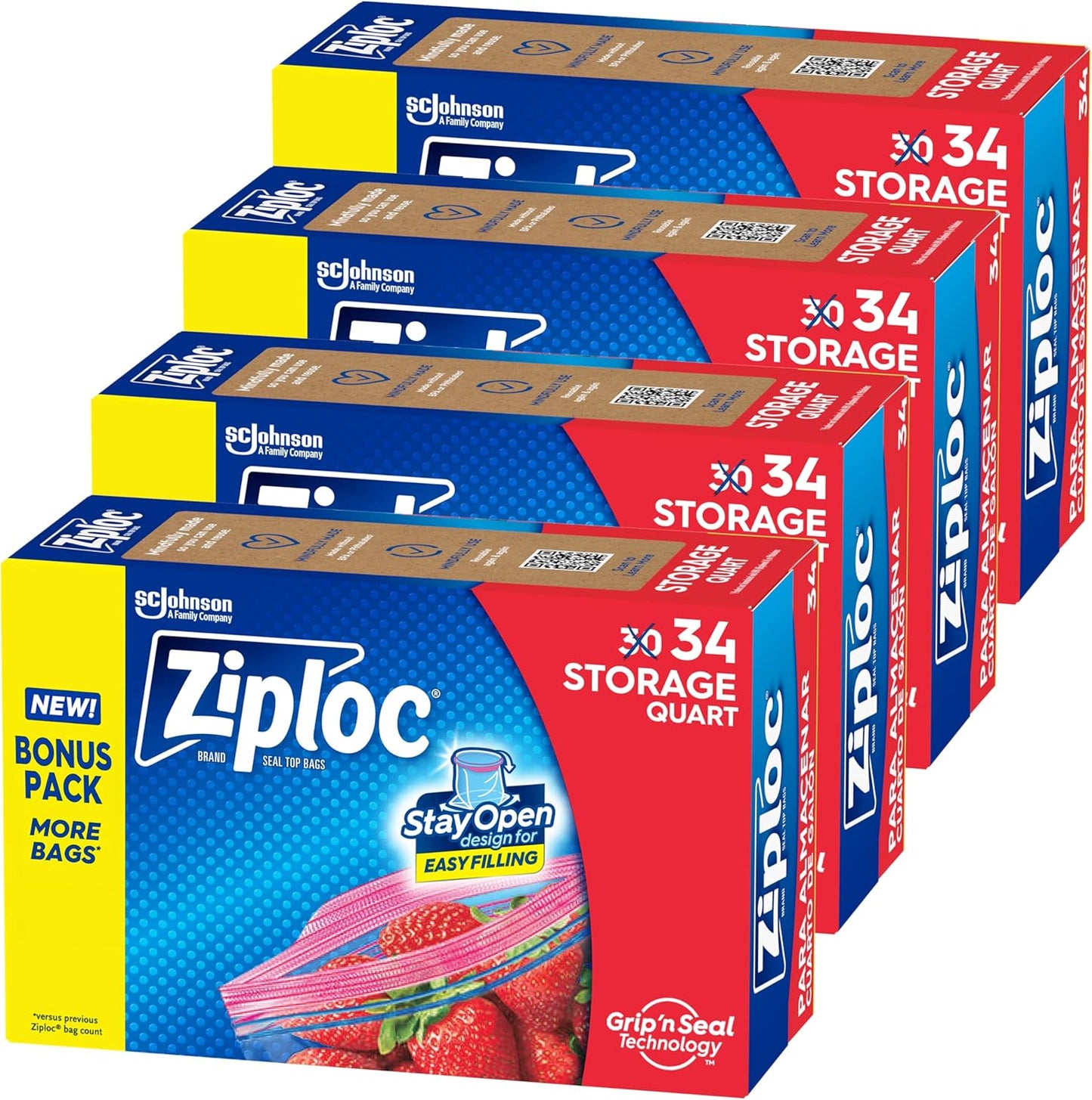 Ziploc Quart Food Storage Bags, Stay Open Design with Stand-Up Bottom, Easy to Fill, 136 Count