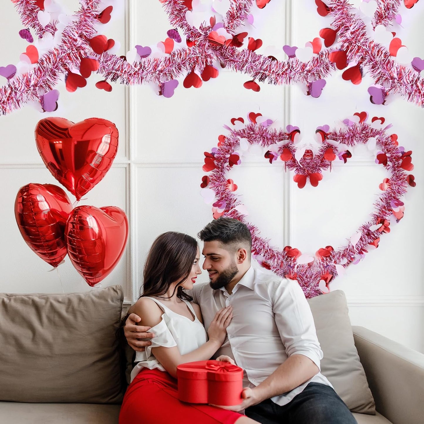 33 Ft Valentines Heart Tinsel Garland Decorations, Valentines Day Red Pink White Metallic Garland Valentine's Day Decorations for Home Indoor Outdoor Wedding Hanging Valentines Day Decor