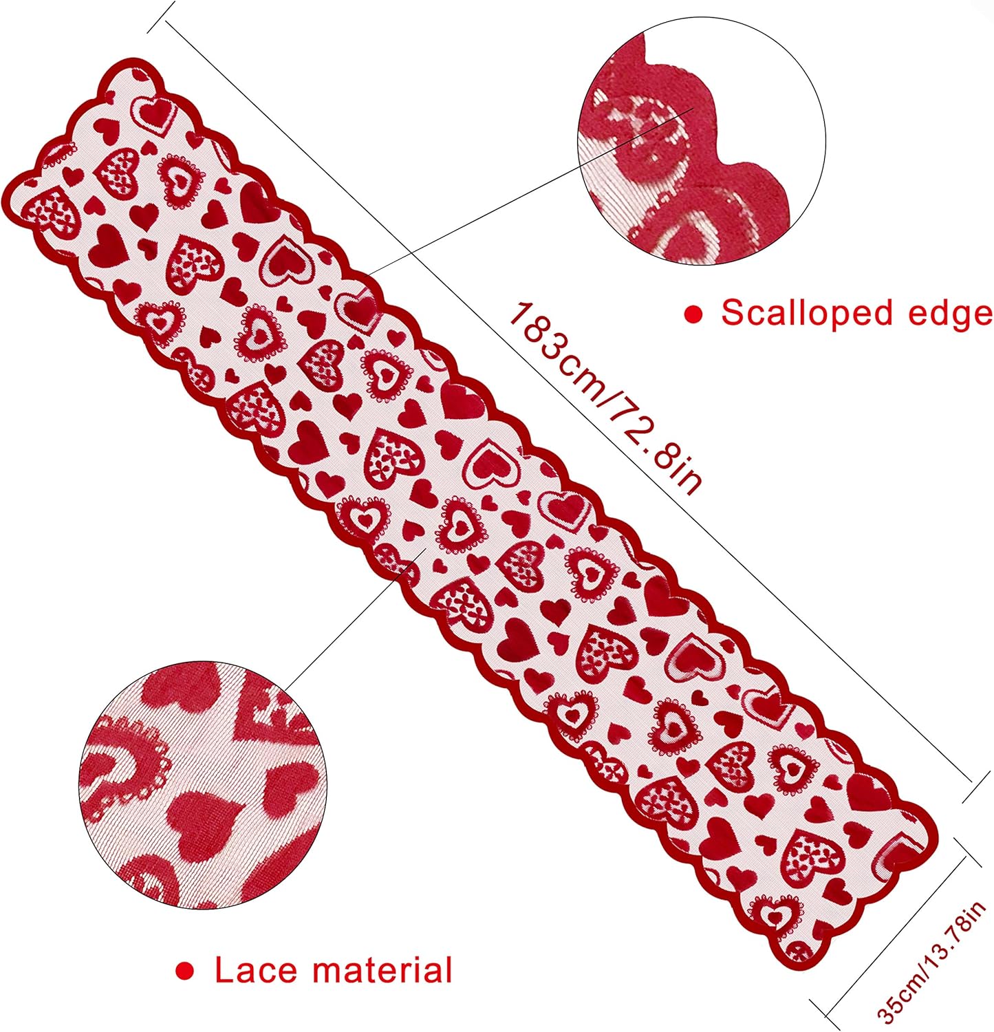Mosoan Valentines Day Decor Table Runner - 13 x 72 Inch Red Lace Table Runner for Wedding Party, Valentines Decorations - Valentines Day Decor Home Romantic Decorations Heart Shaped Table Runner