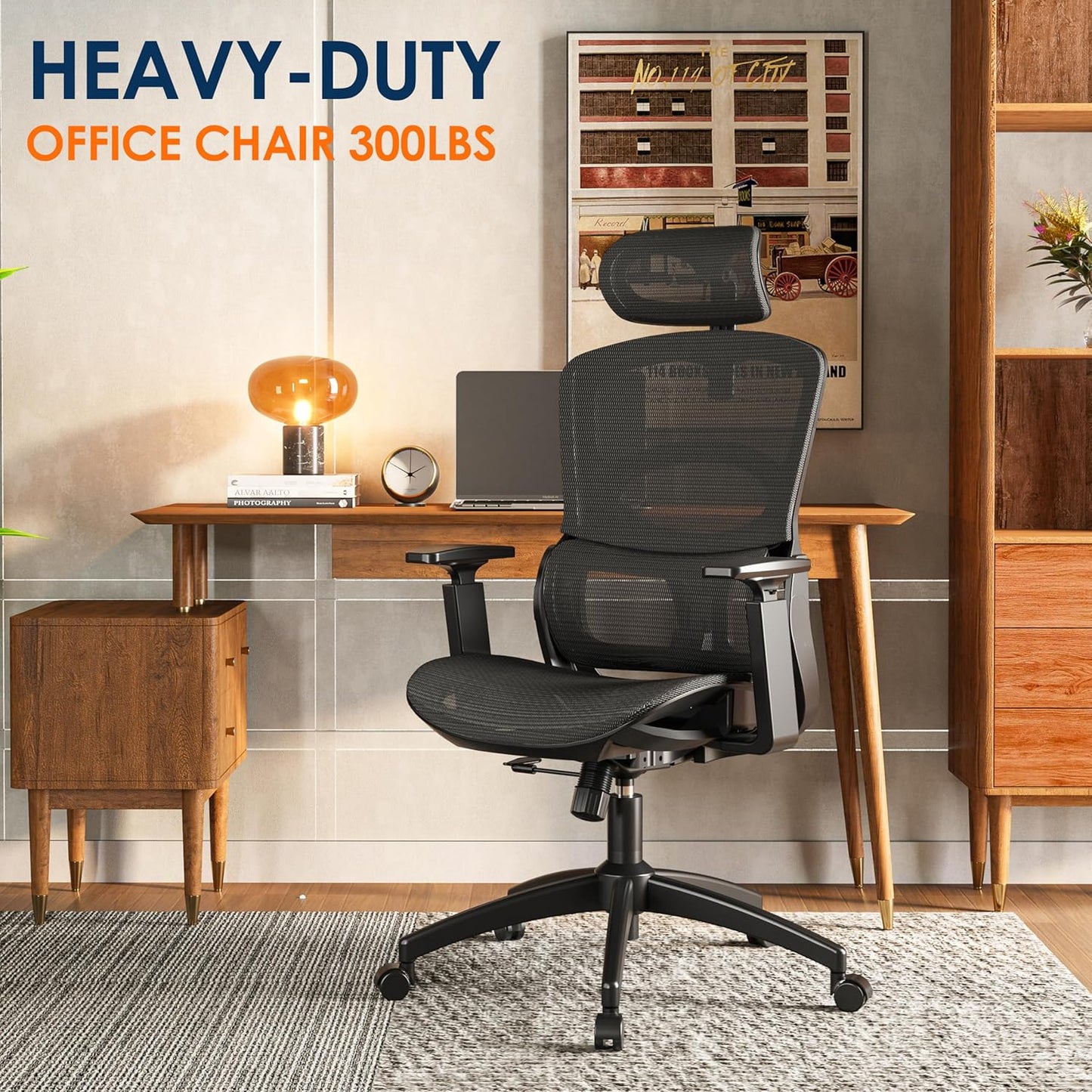 GABRYLLY Ergonomic Office Chair, High-Back Desk Chairs with Adjustable Lumbar Support, Headrest, Tilt Function, Soft Wide Seat and 3D Armrest, 300 LBS Sturdy Home Mesh Chair Task Chairs, GY1070