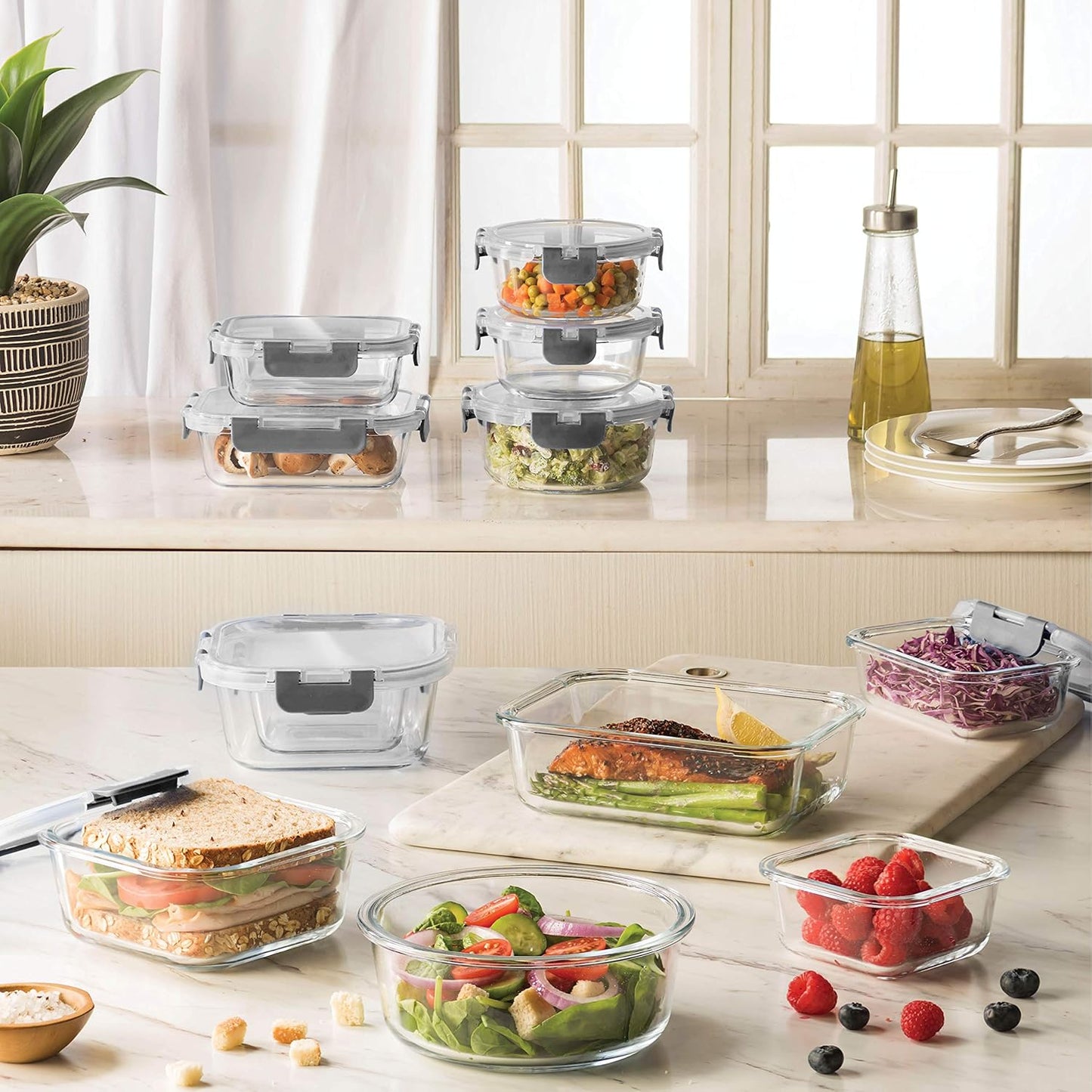 FineDine Airtight Glass Storage Containers with Hinged Locking Lid BPA Free for Meal Prep/Moving/Freezer/Oven