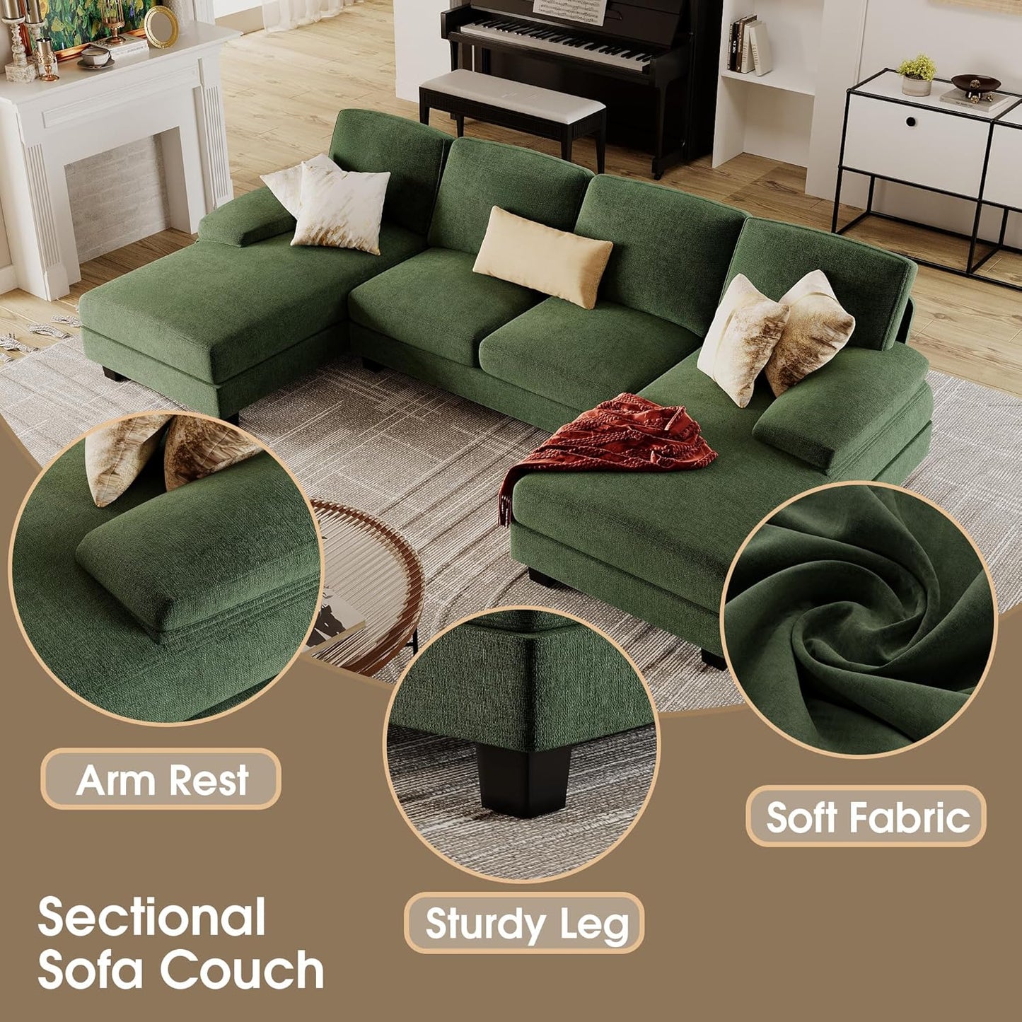 Furmax Sectional Couches for Living Room, U-Shaped Sofa Couch with Linen Fabric, 4 Seat Sofa Set with Double Chaise for Apartment (Fabric, Green)