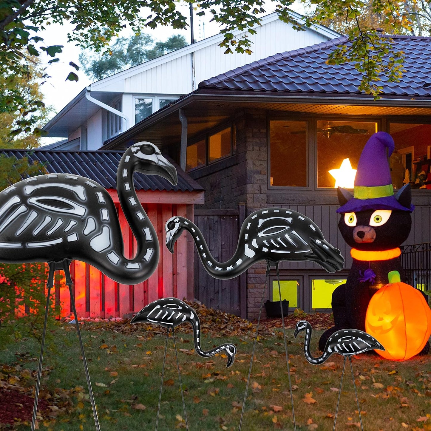 GIFTEXPRESS 2-Pack Halloween Black Flamingo Skeleton, Zombie Flamingos, Skull Flamingo with Stakes for Halloween Lawn Ornaments, Spooky Graveyard Decorations