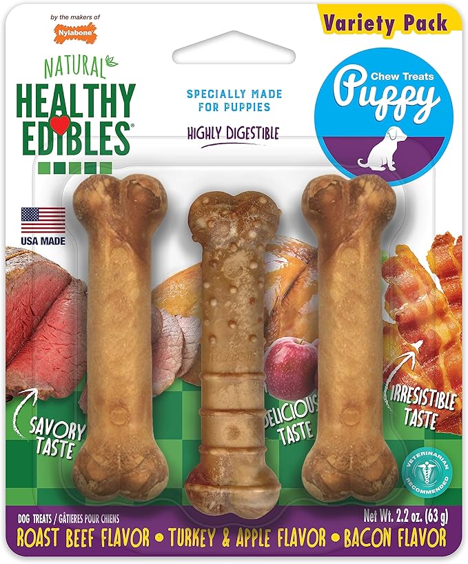 Nylabone Healthy Edibles Natural Puppy Chews Long Lasting Treats for Puppies, Roast Beef, Apple & Bacon Flavor, X-Small/Petite (3 Count)