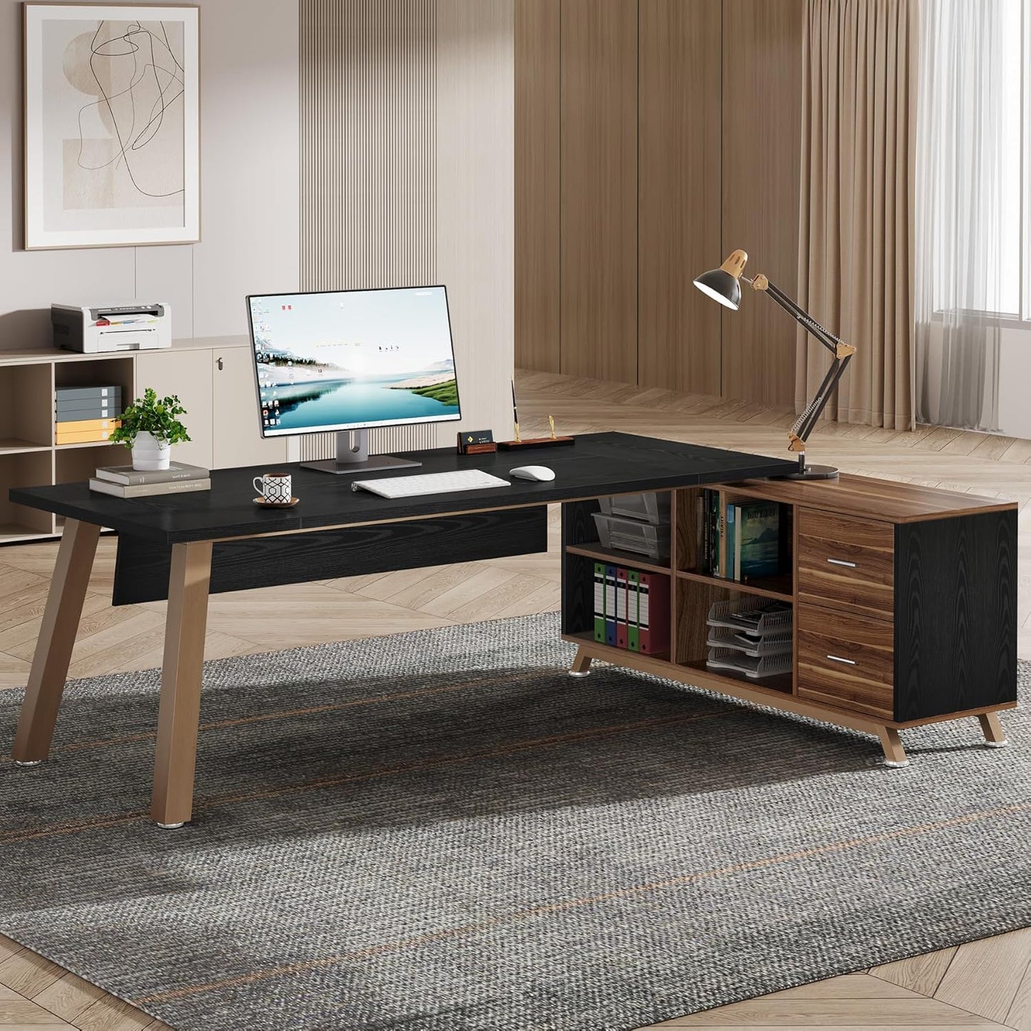 Tribesigns 78.7-Inch Executive Desk, L-Shaped Desk with 55-Inch Cabinet, Large Office Desk with Storage Shelves, Modern Computer Desk for Home Office, Black & Walnut