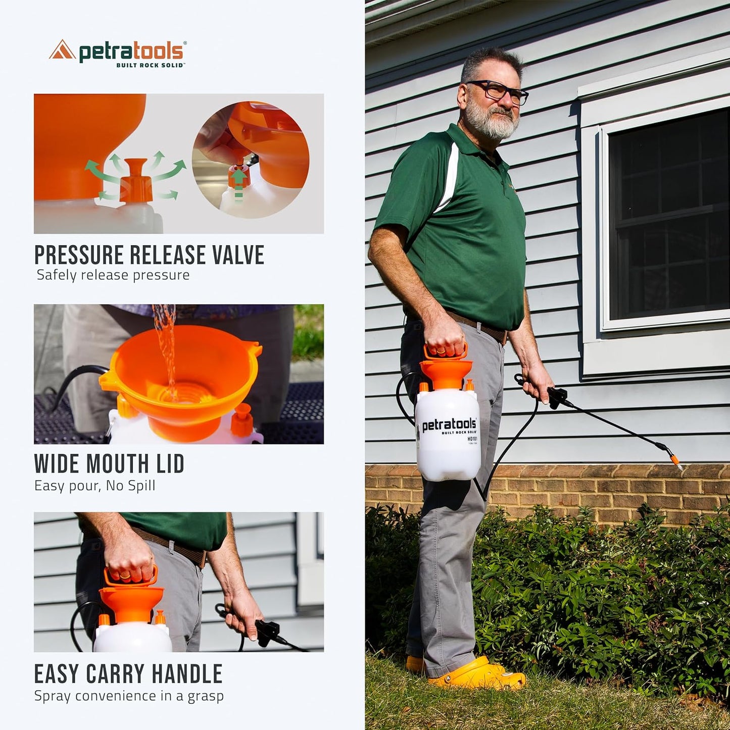 Petratools 1 Gallon Pump Sprayer – HD101 Garden Sprayer for Weeds, Lawn Care & Pesticides – 52” Long Hose, 2 Nozzles & Easy Carry Handle – Durable & Lightweight