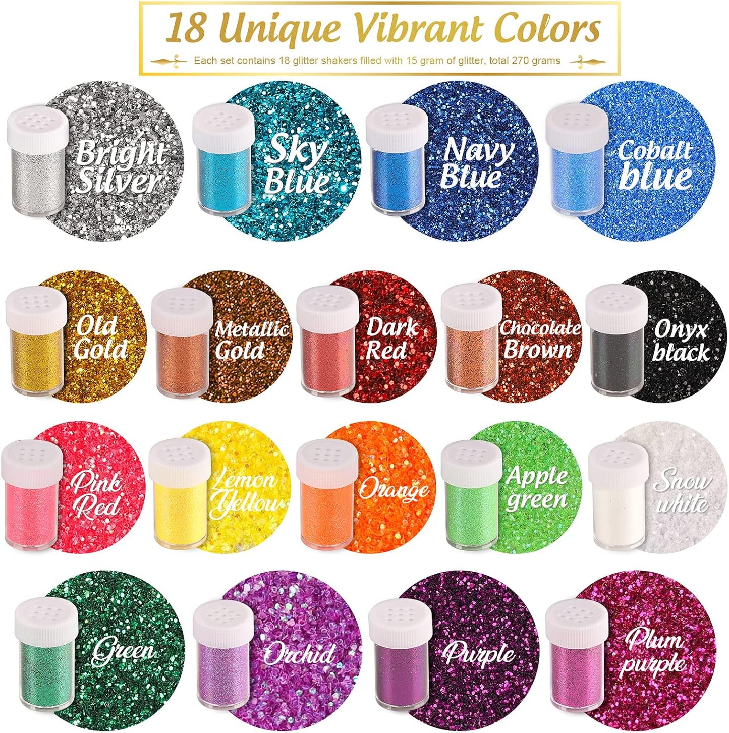 LEOBRO Glitter, 18 Pack Fine Glitter, Craft Glitter Powder Shake Jar, Multi Assorted Set Extra Fine Glitter for Resin Art Crafts Tumbler Scrapbook Jewelry Making, Body Face Hair Glitter, 15g/ Bottle,