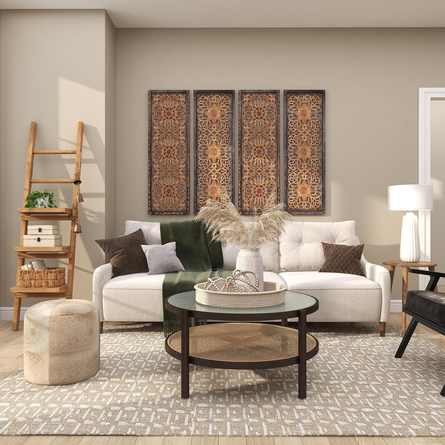 Deco 79 Metal Handmade Tibetan Inspired Decorative Cow Bells with 4 Bells on Jute Hanging Rope, 4" x 3" x 29", Gold