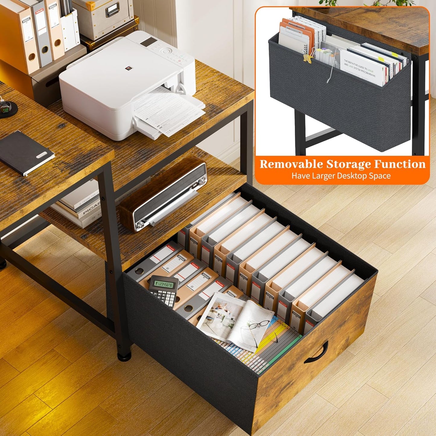 EnHomee 57" Office Desk with Drawers and Printer Space,Computer Desk with Power Outlets,Home Office Desks with File Drawers Cabinet,Study and Gaming Desk with Shelves Monitor Stand,Rustic Brown