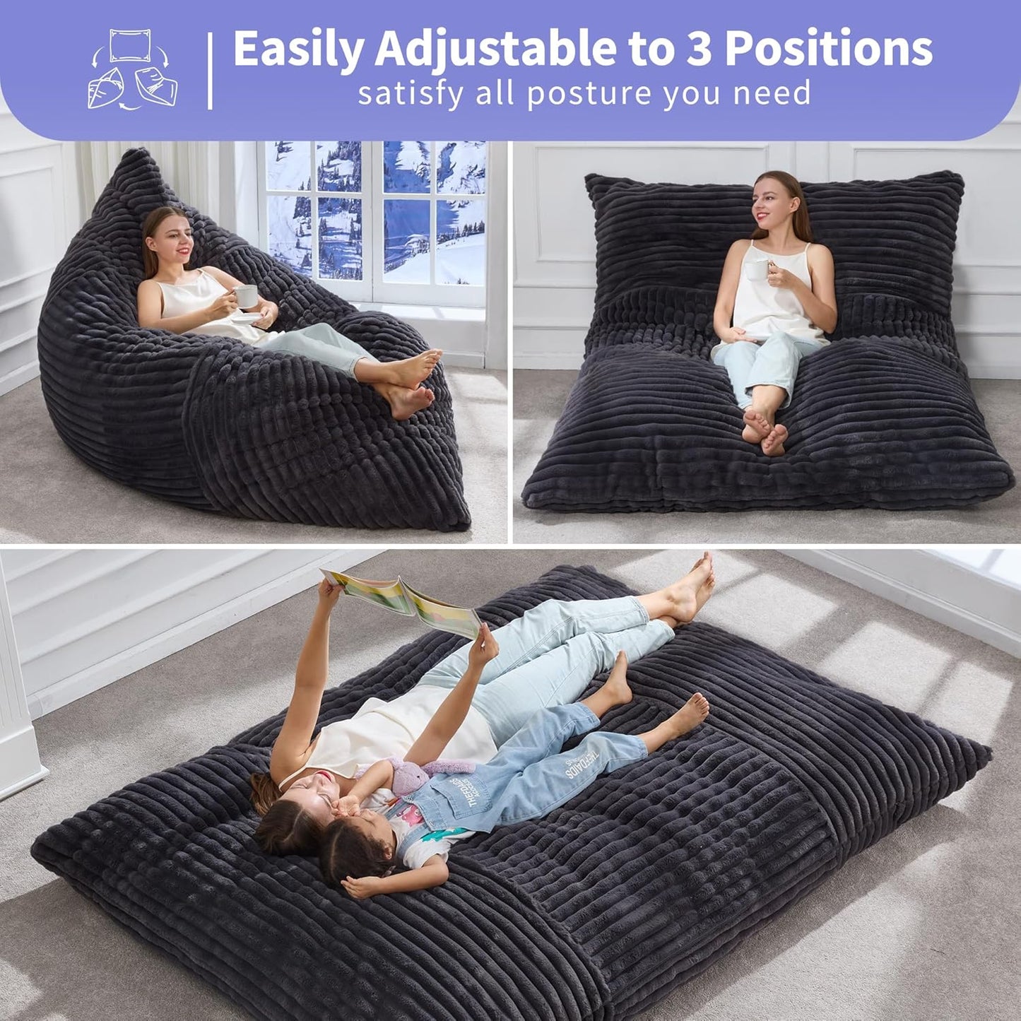 Hobestluk 3 in 1 Bean Bag Chair Giant Bean Bag Chairs Convertible Bean Bag Floor Cushion with Machine Washable Cover, Beanbag Chairs for Adult (Dark Grey)