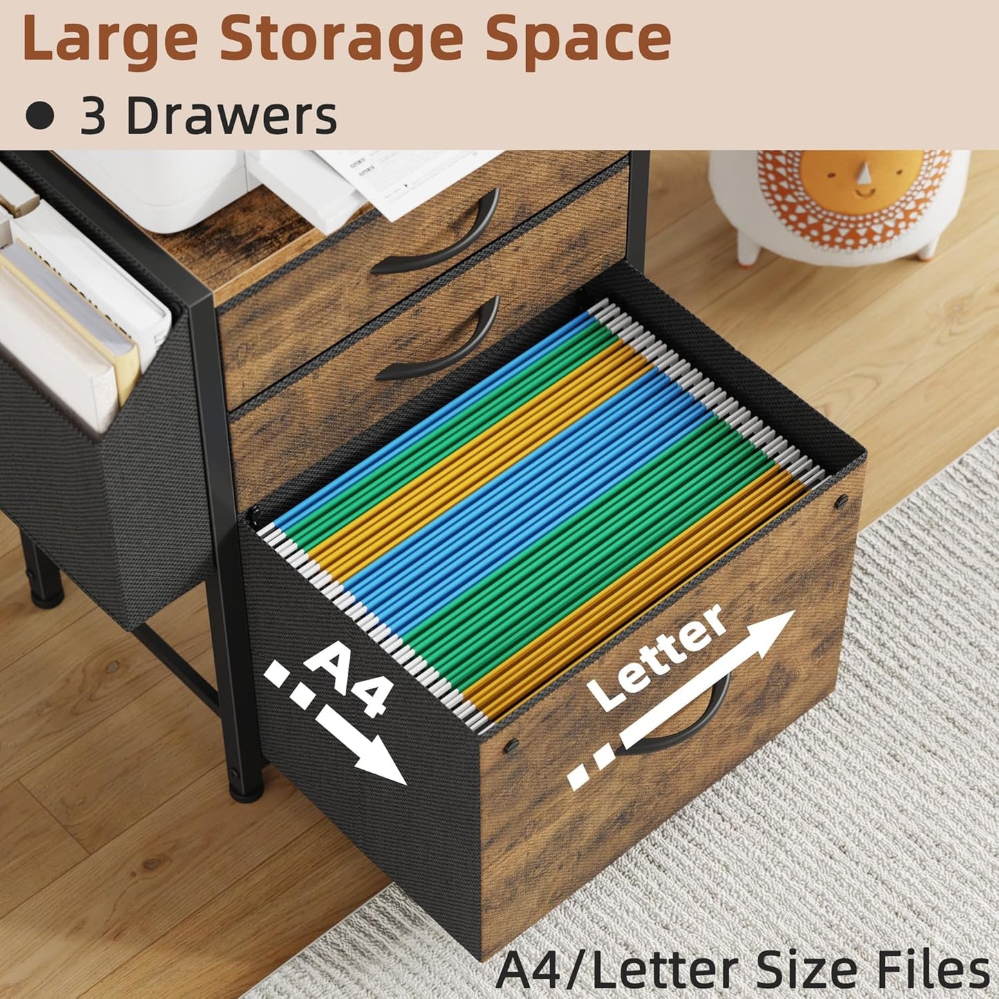 Small 3 Drawer File Cabinet with Charging Station, 45''H, 3-Tier Filing Cabinet for Home Office, 11''*16'' for Small Printer, Fabric Drawer Fits Letter/A4, Tall Printer Stand, Rustic Brown