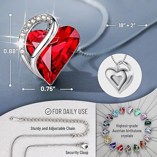 Leafael Valentine's Day Gift Necklaces for Women, Infinity Love Birthstone Heart Crystal Pendant, Birthday Anniversary Jewelry for Wife, Mom, and Her, Silver Plated, 18" + 2" Adjustable Chain