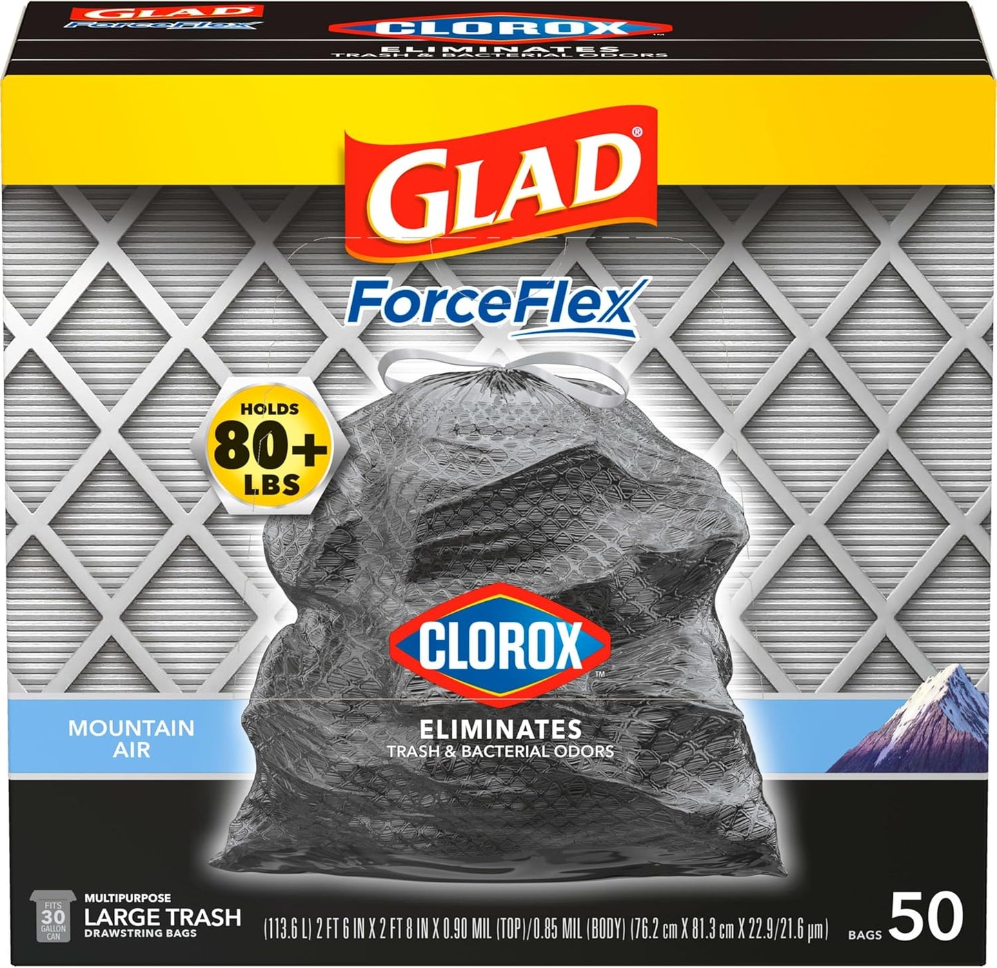 Glad Large 30 Gallon Trash Bags, Clorox Mountain Air Heavy Duty Garbage Bags, Forceflex with Drawstring, 50 Count (Packaging May Vary)
