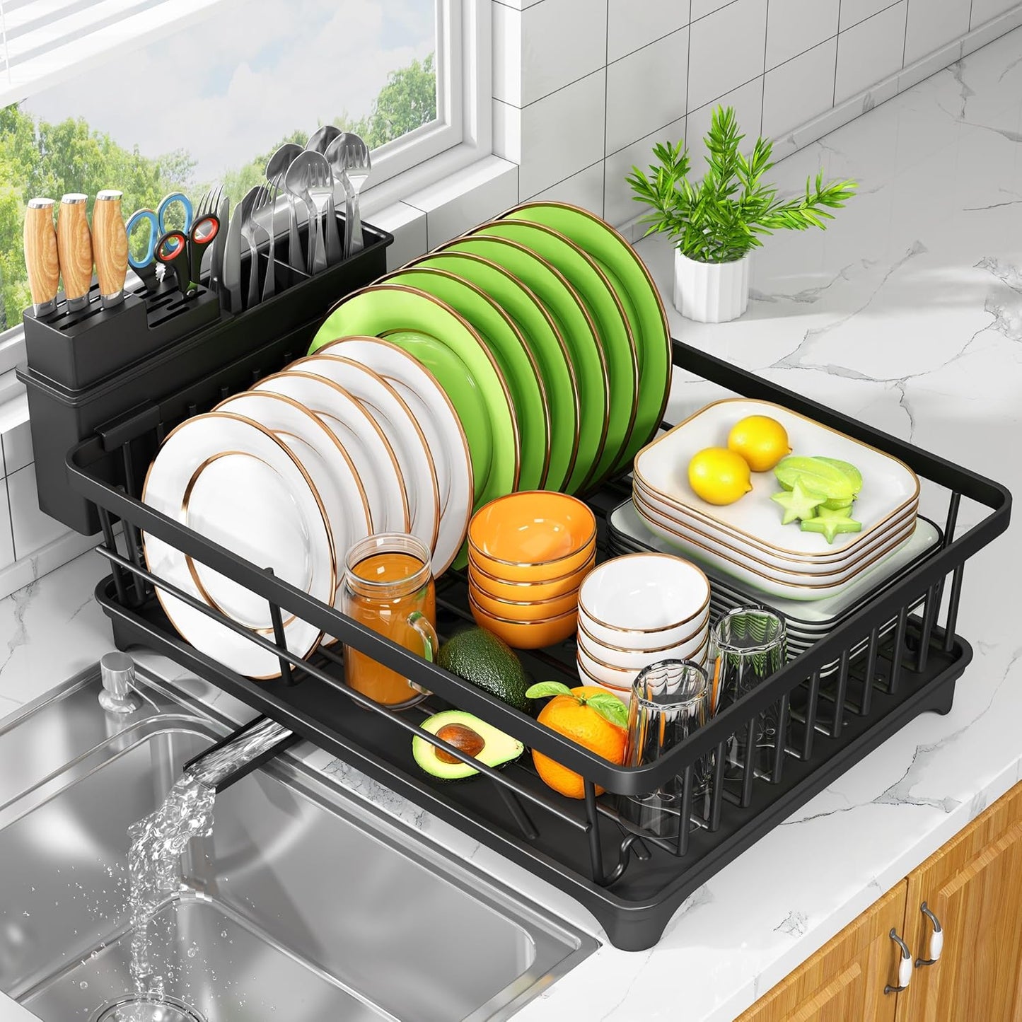 Dish Drying Rack - Space-Saving Small Dish Rack for Kitchen Counter, Rust-Resistant Kitchen Drying Rack, Compact Dish Drainer Organizer with Utensil Holder for Home Kitchen, Black