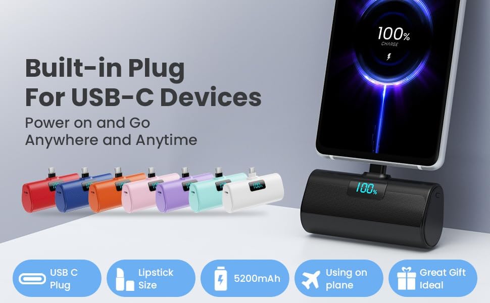 [2-Pack]Portable Charger for iPhone 16 Series,Upgraded 5200mAh PD USB C Power Bank Built-in USB-C Connector, Battery Pack Compatible with iPhone 16/16 Plus/16 Pro/16 Pro Max/15 Series, Samsung, Android