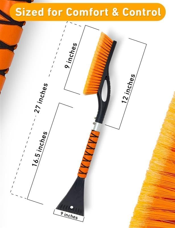 EcoNour 27" Aluminum Snow Brush with Ice Scrapers for Car Windshield and Window | Car Snow Scraper and Brush with Ergonomic Foam Grip Winter Accessories (Orange)