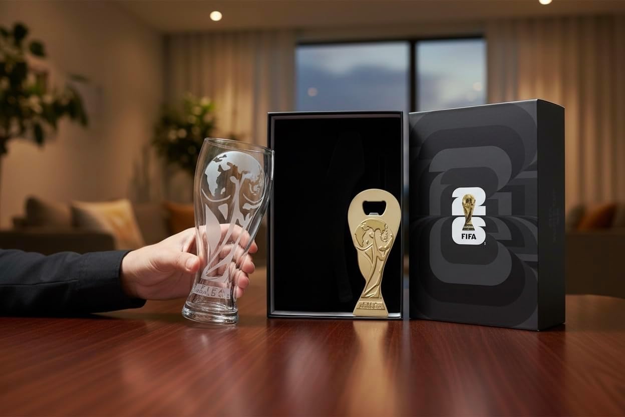 Official FIFA World Cup 2026 Edition - 17oz Pilsner Beer Glass & 6-Inch Trophy Bottle Opener Gift Set - 1 of Each - Perfect for Parties, Mancaves, Gamedays, Tailgates, BBQ’s - Collectors Drinkware Set
