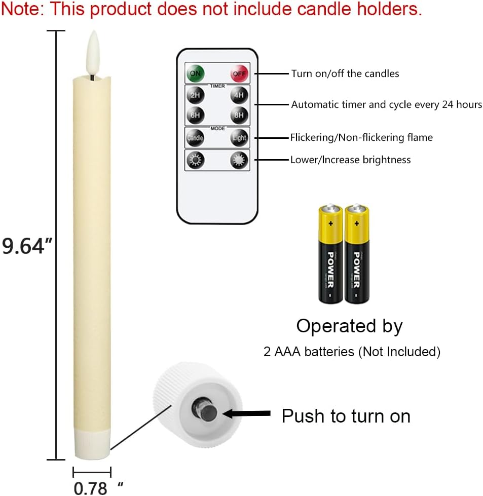 GenSwin Flameless Ivory Taper Candles Flickering with 10-Key Remote, Battery Operated Led Warm 3D Wick Light Window Candles Real Wax Pack of 6, Christmas Home Wedding Decor(0.78 X 9.64 Inch)