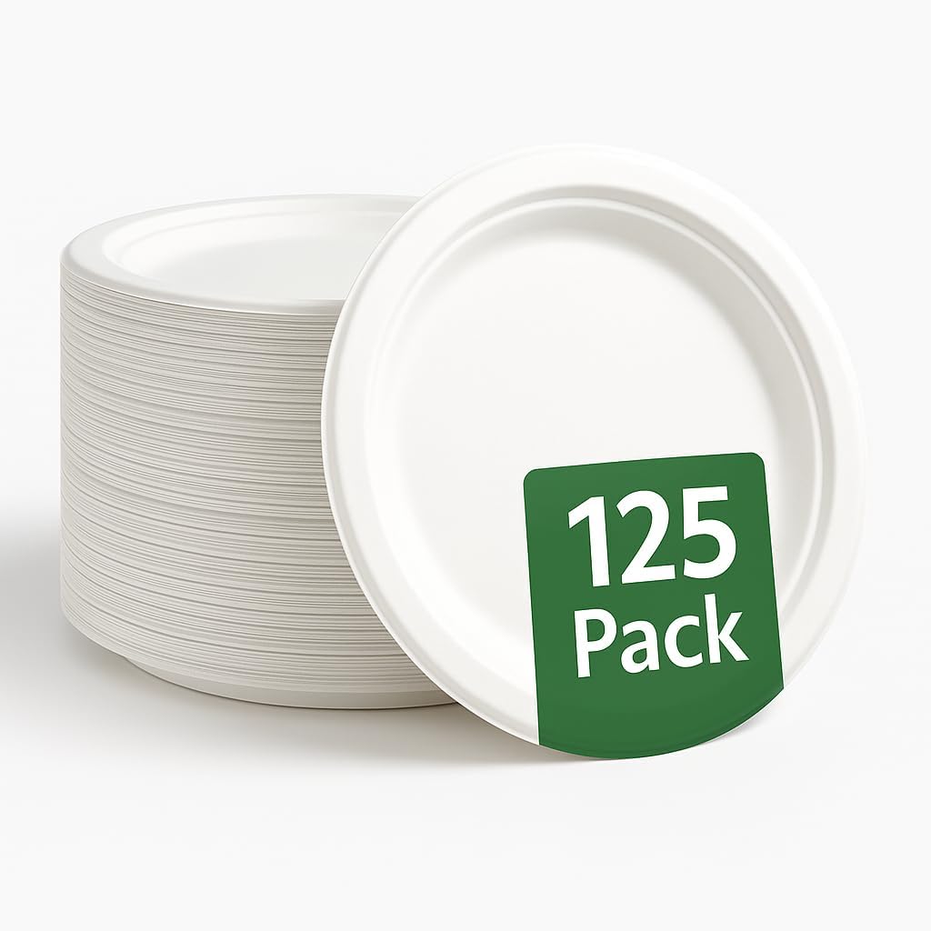 9-Inch Compostable Paper Plates, 125 Count | 100% Biodegradable Bagasse, Strong & Durable, Microwave-Safe, Soak-Proof for BBQs, Parties & Everyday Meals