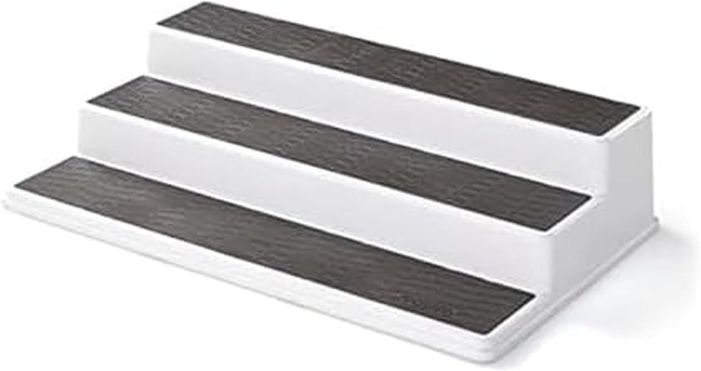 Copco 3-Tier Non-Skid Spice Rack Organizer for Kitchen Cabinet or Pantry, 15-Inch Tiered Shelf, White/Gray, Slip-Resistant Design for Jars and Bottles