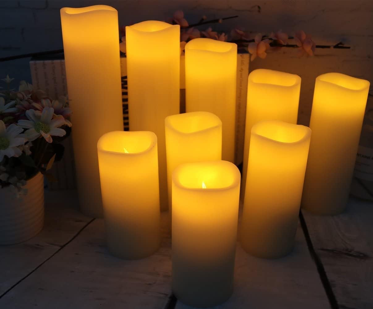 Flameless Candles Led Candles Pack of 9 (H 4" 5" 6" 7" 8" 9" x D 2.2") Real Wax Battery Candles with Remote Timer for Home Fireplace Decor Wedding Festival Decor (Ivory 9 Pack)